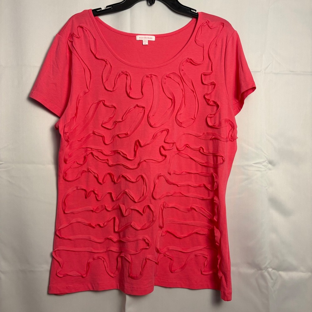 Isaac Mizrahi Pink Ruffle Textured Front Short Sleeve Top XL I5319SM